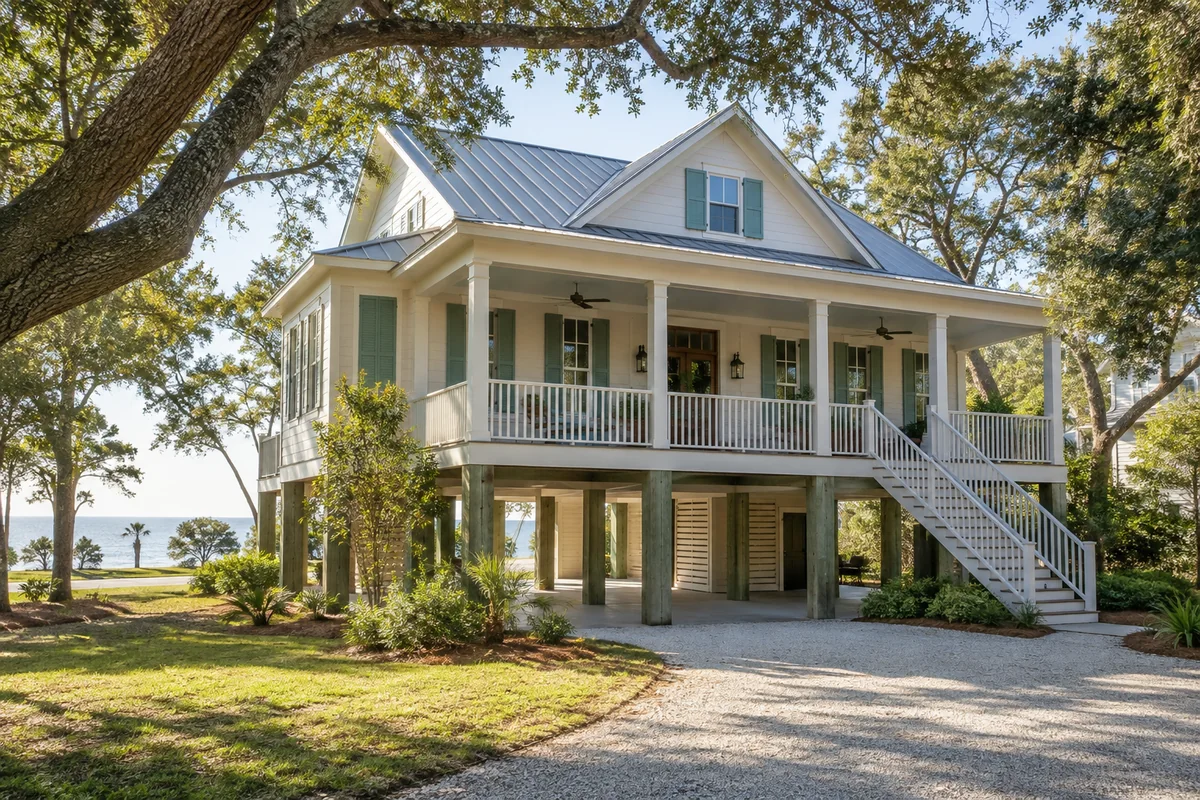 White raised coastal home with green shutters and an elevated porch.