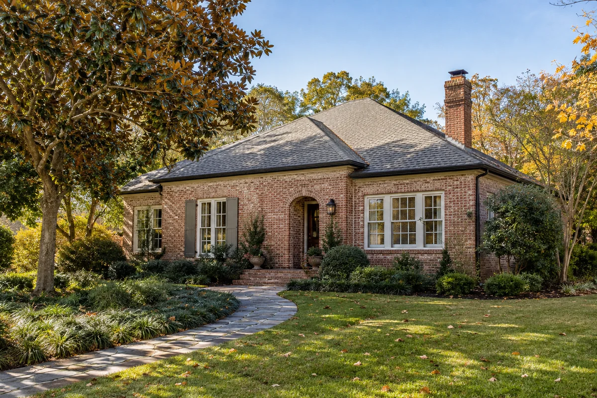 Red brick cottage with an arched entry, hip roof, and magnolia tree.