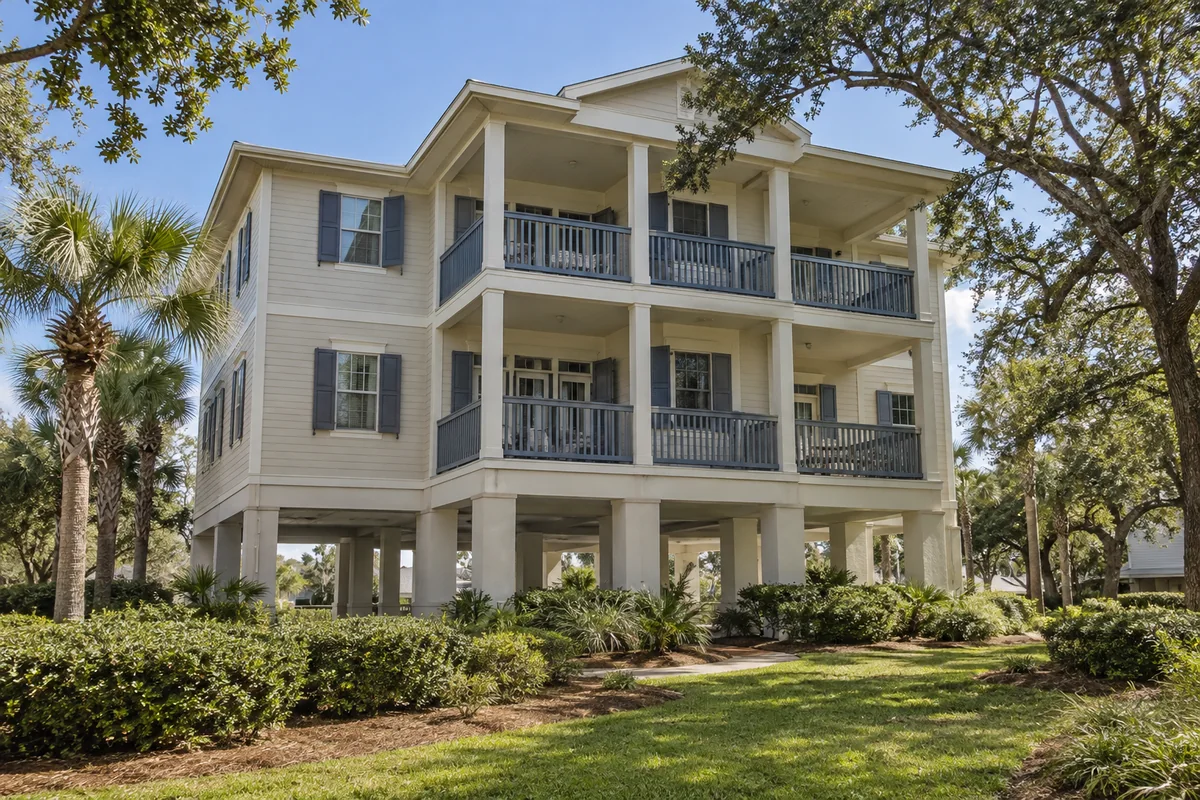 Low-rise coastal condominium with individual balconies and landscaped grounds.