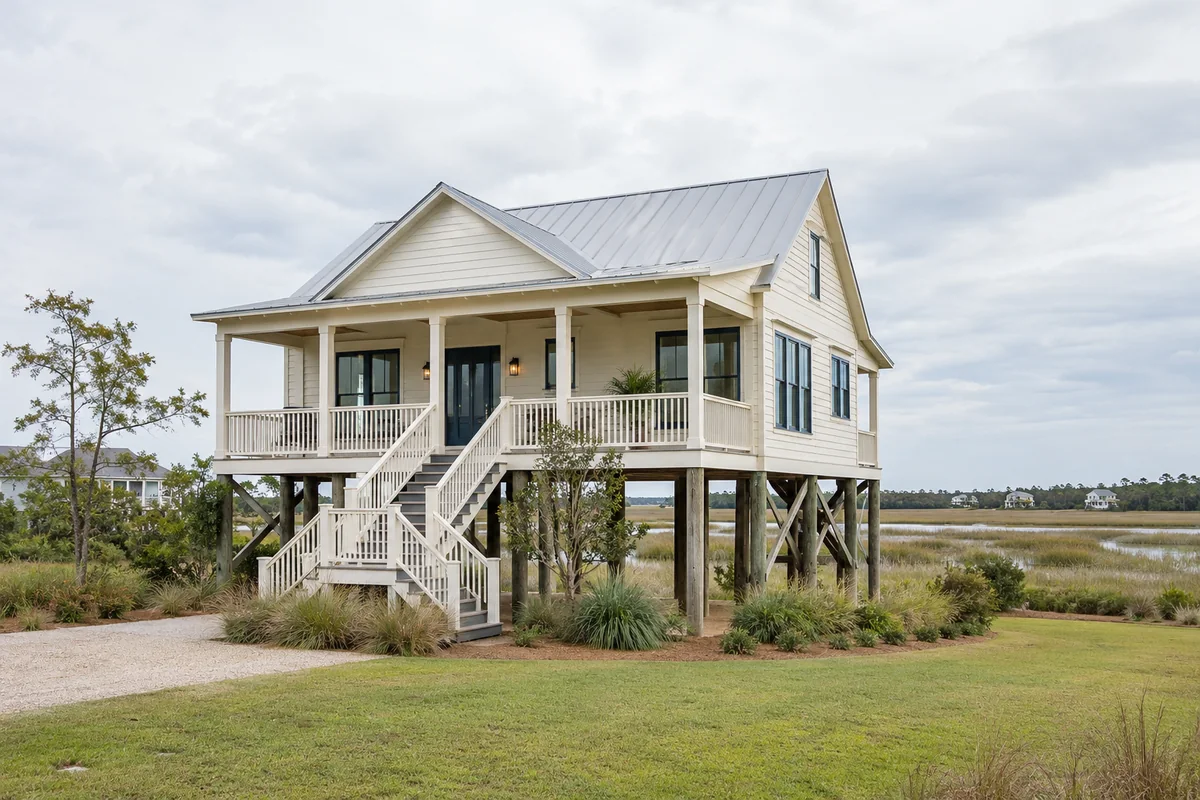 Raised cottage beside a landscaped yard with marshland in the distance.