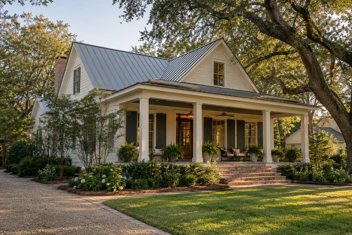 Cream cottage with a broad porch, brick steps, and a mature live oak.