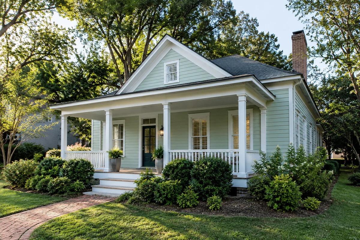 Mint-green cottage with a tidy porch, intact roof, and brick walkway.