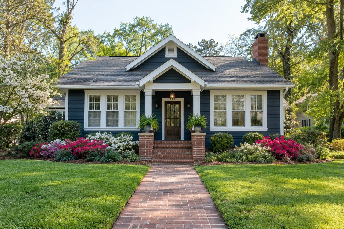 Navy bungalow with white trim, brick steps, and flowering shrubs.