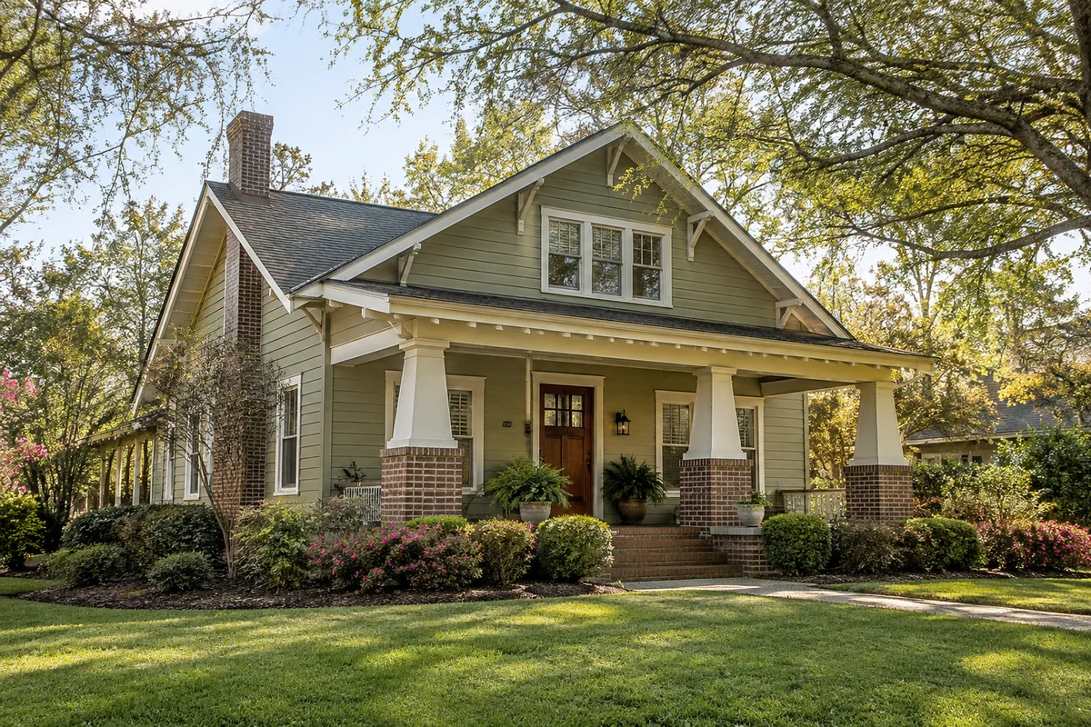 Sage-sided Craftsman bungalow with a shaded front porch.