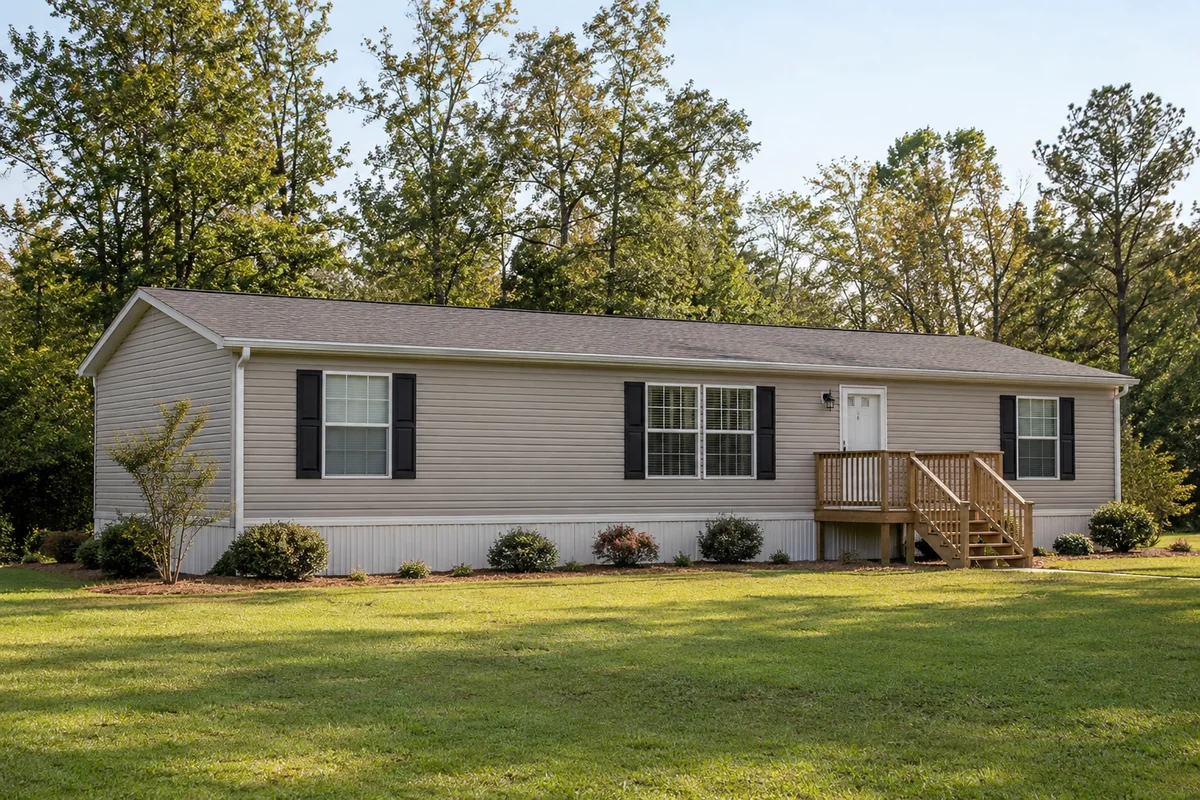 Well-kept manufactured home with solid skirting and a small wooden entry deck.