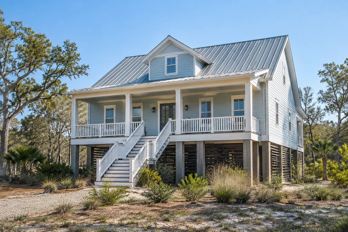 Raised blue coastal cottage with exterior stairs and a covered porch.