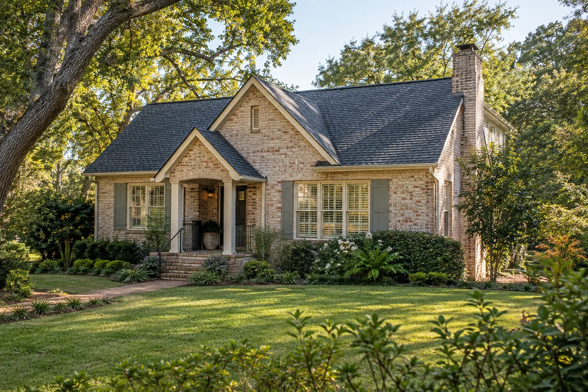 Older brick cottage with an intact gray shingle roof and brick chimney.