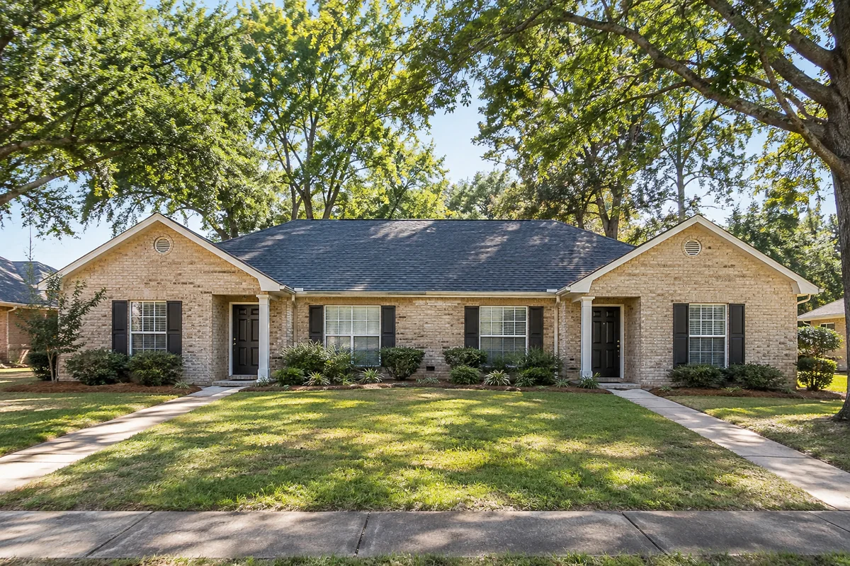 Brick duplex with separate front entrances and landscaped paths.