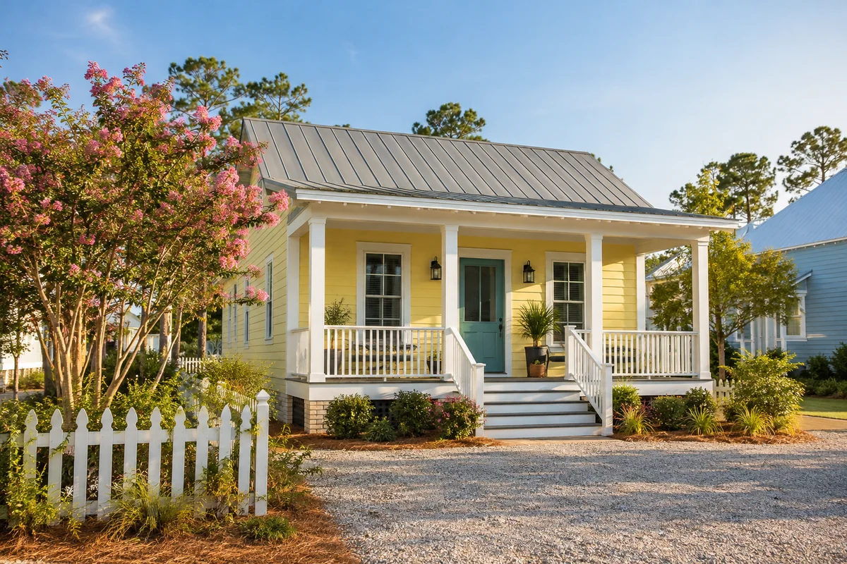 Pale yellow vacation cottage with a teal door and shaded front porch.