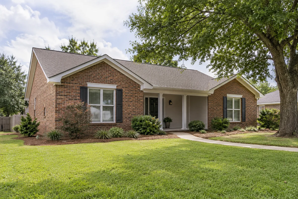 Modest brick ranch home with a low gable roof and tidy lawn.