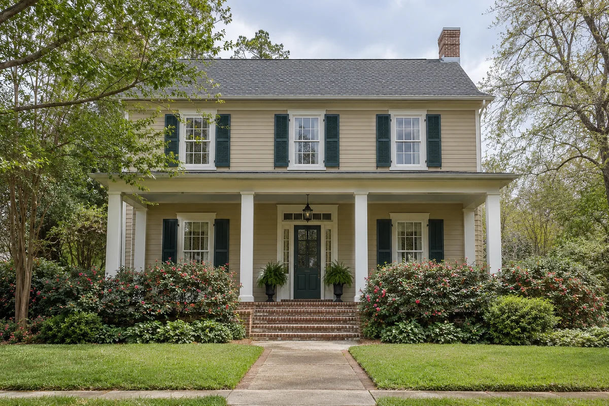 Traditional two-story home with green shutters and a deep front porch.