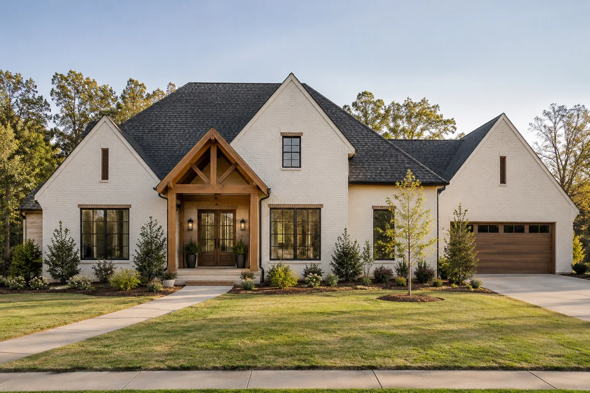 White brick family home with a timber entry and landscaped front path.