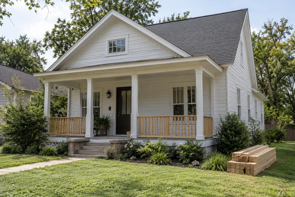 White cottage with porch work underway and neatly stacked renovation materials.