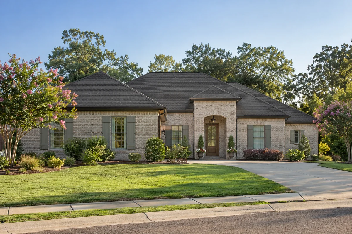 Warm brick home with a shingle hip roof and neatly planted front yard.
