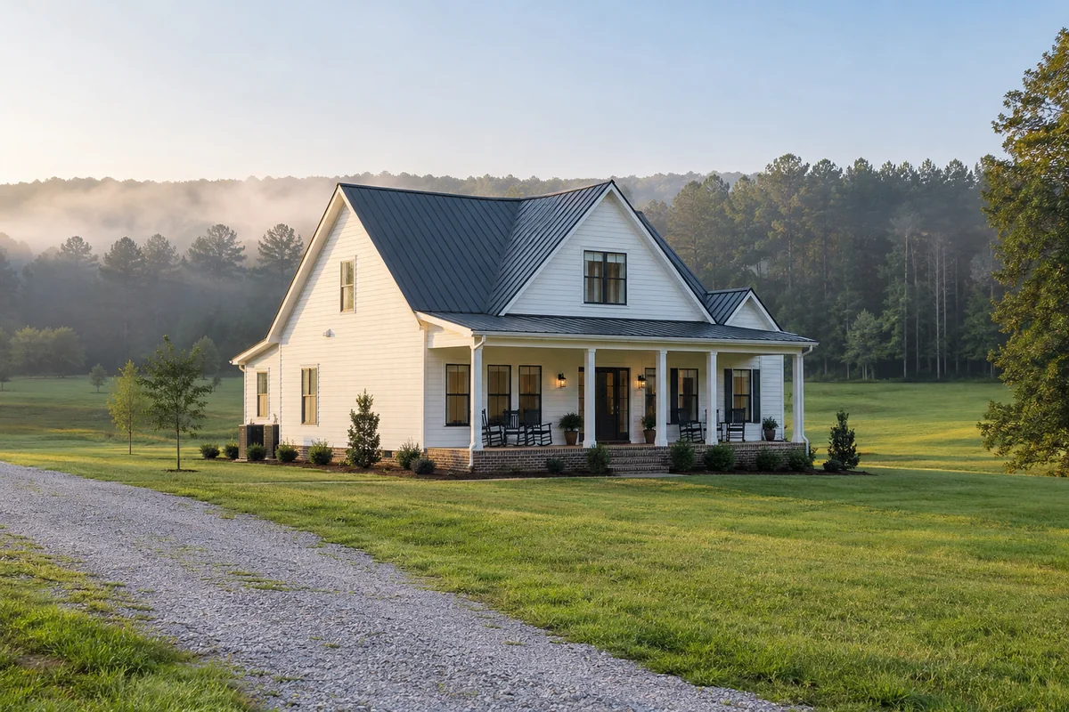 White rural farmhouse in a maintained clearing with pine trees beyond.
